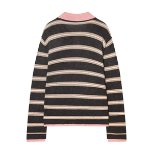 Women's loose striped knit sweater with lapel and pink trim detailing for autumn wear