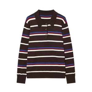 Vintage polo collar striped knit sweater in dark brown with blue and red details
