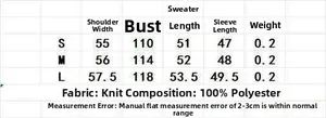 Size chart for women's crewneck knit sweater with detailed S, M, L dimensions and fabric info