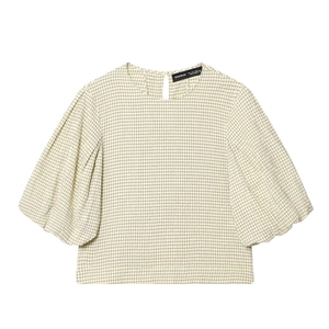 Women's cream grid short sleeve top with vintage puff sleeves and a round neckline