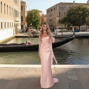 Abito Lungo in Raso Elegante da Donna Con Arricciature Senza Maniche Corsetto Senza Schienale Abito da Sera per Banchetti