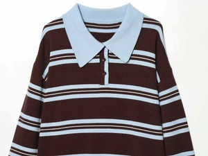 Dettaglio del colletto a polo blu e della maglia a righe su maglione marrone