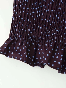 Détails du tissu violet à pois avec des textures smockées et froncées sur le vêtement