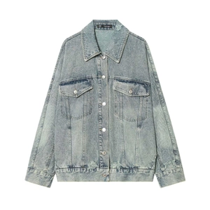 Giacca di Jeans Distressed Casual da Donna Vestibilità Ampia Lavaggio Blu Chiaro Cappotto di Jeans Con Tasche Moda Donna
