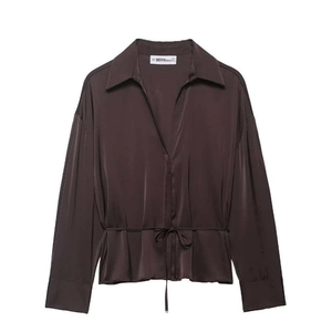 Chemisier Femme Élégant en Polyester Effet Satin Col en V Manches Longues Couleur Unie Marron Café Haut de Bureau avec Ceinture