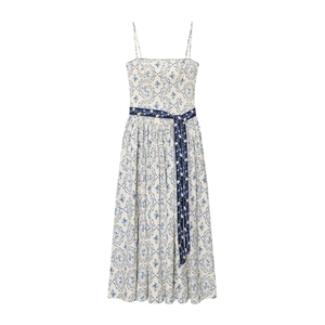 Abito Lungo da Donna Elegante con Stampa Floreale Porcellana Blu e Bianca Smanicato con Cintura a Punto Smock Rayon Estate Vacanza