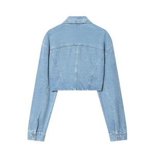 Classic light blue cropped denim jacket with long sleeves and silver metal buttons