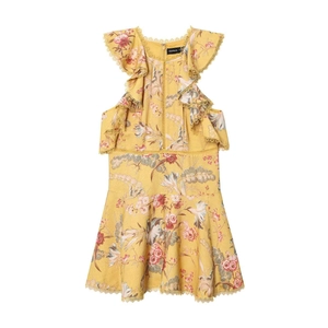 Vestito Mini Giallo a Fiori da Donna Senza Maniche con Volant Pizzo Vita Alta Patchwork Elegante Estate Vacanza Festa