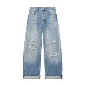 Damen Vintage Hellblau Zerrissene Weite Jeans Mit Aufschlag Locker Gerade Denim Hose Casual Mittlere Taille Streetwear