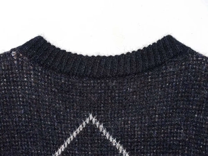 Close-up of ribbed crewneck and soft fuzzy texture on argyle knit sweater top