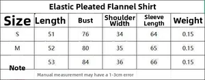 Detailed size chart for the stretch pleated poplin shirt in S, M, and L dimensions