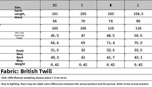 Detailed size chart for wide-leg trousers showing measurements for XS to L in centimeters