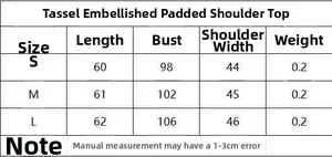 Size chart for the sleeveless top with tassel hem including S M L measurements