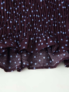 Détail de la texture smockée et des pois bleu clair sur tissu violet foncé