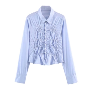 Elegant Light Blue Long Sleeve Ruched Poplin Shirt For Women Slim Fit Button Down Lapel Collar Office Blouse Tops