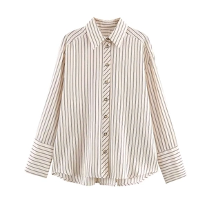 Camisa De Rayas De Manga Larga Para Mujer Blusa Informal Suelta Con Botones Solapa Poliéster Moda Tops De Rayas