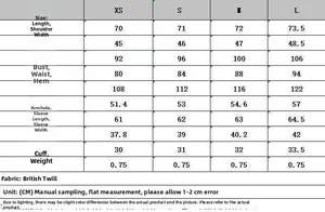 Size chart for loose silhouette two-piece suit with detailed measurements in centimeters