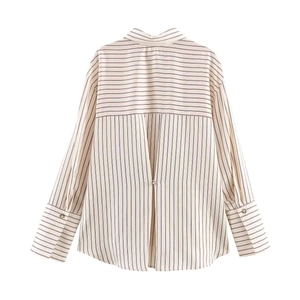 Camisa de rayas informal para mujer con diseño de patchwork y detalle de botón atrás