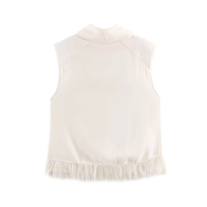 Elegant cream sleeveless high neck top featuring stylish fringed hem in a smooth fabric