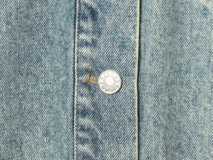 Dettaglio dei bottoni in metallo incisi e trama twill della giacca di jeans blu