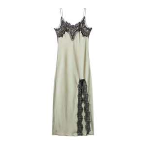 Women's Sexy Lace Patchwork Satin Spaghetti Strap Midi Dress Elegant Sage Green Side Slit Party Night Club Slip Dress