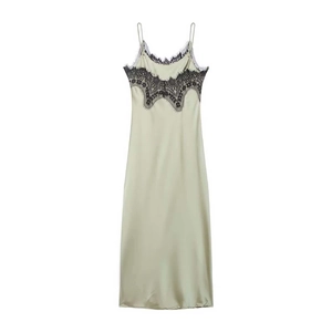 Elegant green satin slip dress featuring black lace trim and a long slit silhouette