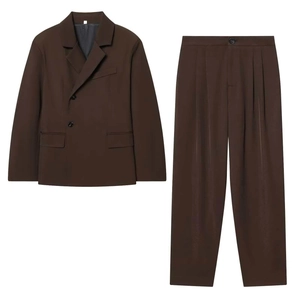 Women's Dark Brown Professional Blazer And High Waist Pleated Pants Autumn Casual Long Sleeve Office Commuter Suit
