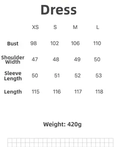 Size chart for V-neck wrap shirt dress including bust, shoulder, and sleeve measurements