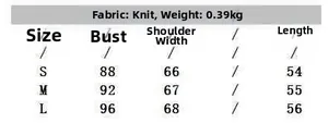 Detailed size guide for knitted sweater showing bust and length measurements in cm