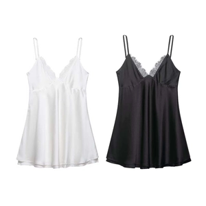Women Sexy Satin Lace Trim V-Neck Cami Dress Minimalist Solid Color Spaghetti Strap Backless Nightdress Slip Dress