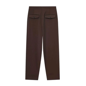 Detail view of coffee brown straight-leg trousers featuring rear flap buttoned pockets