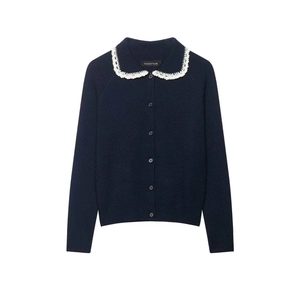 Women French Vintage Navy Blue Knit Cardigan Sweater Featuring White Crochet Lace Peter Pan Collar Button Down Long Sleeve Top
