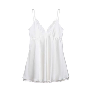Elegant white satin slip dress with a V-neckline and delicate lace trim for women