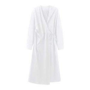 Elegant white long sleeve wrap maxi dress with V-neckline and adjustable waist tie