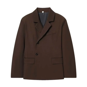 Deep brown oversized blazer with notched lapels and double-button closure on white background