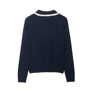 Navy blue knit sweater with delicate white lace collar detail, back view flat lay