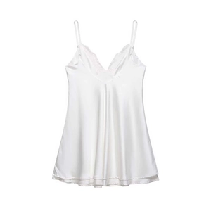 Elegant white satin camisole slip dress with delicate lace V-neckline and thin straps
