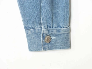 Detail of blue denim jacket cuff with durable silver metal button and neat stitching