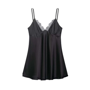 Women's black satin V-neck slip dress featuring delicate eyelash lace trim and silk finish