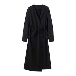 Elegant black V-neck long sleeve wrap dress with side tie fastening and midi length