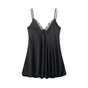 Close-up of black satin dress featuring a deep V-neckline with delicate eyelash lace trim