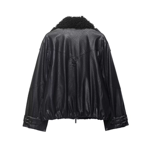 Bombardier oversize en similicuir noir avec col polaire et couture au dos