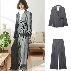 Damen Dunkelgrau Gestreift Blazer Und Weite Hose Anzug Elegant Büro Business Formelle Outfits Für Damen