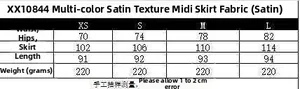 Detailed size chart for women's satin midi skirt including waist and length dimensions