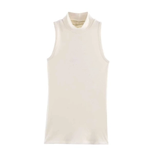 Top minimalista senza maniche beige a collo alto con trama a coste verticali