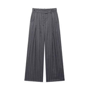 Dunkelgraue Nadelstreifen-Hose mit weitem Bein, hoher Taille und Knopfdetails