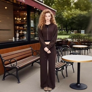 Completo Minimalista da Donna Casual Felpa Con Cappuccio e Pantaloni a Gamba Larga Felpa Corta Allacciata Pantaloni Vita Alta