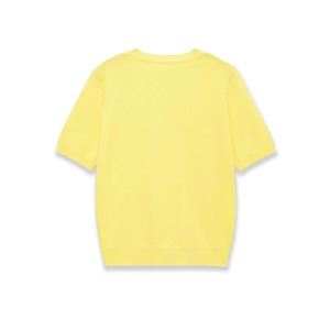 Flat lay back view of a minimalist yellow short sleeve knit top with ribbed V-neckline