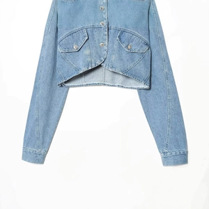 Short light blue denim jacket with unique irregular curved hem and flap pockets detail