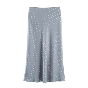 Elegant light grey blue satin midi skirt with white polka dots on a clean white background